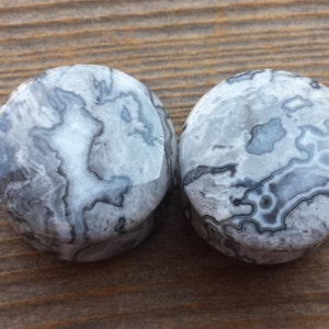 May include: Pair of gray and white agate stone ear gauges. The gauges have a swirling pattern of gray and white.