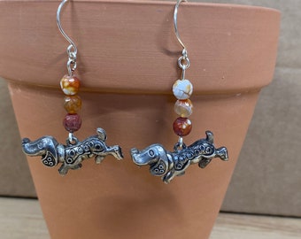 DOG DACHSUND EARRINGS with Genuine Fire Agate