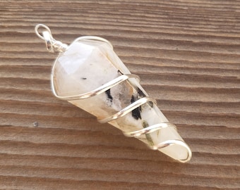 RAINBOW MOONSTONE Spiral Wire Wrapped Faceted (Pendulum Style) Pendant Gemstone