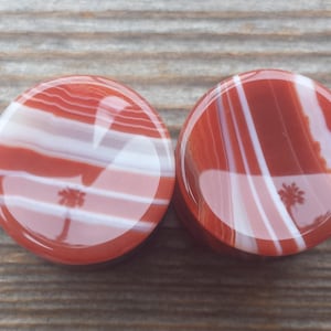 Pair of Real CONCAVE RED STRIPE Agate Plugs Gauges Body Jewelry Double Flared - Pick Size