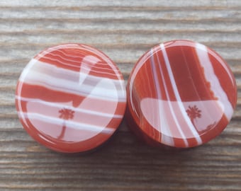 Pair of Real CONCAVE RED STRIPE Agate Plugs Gauges Body Jewelry Double Flared - Pick Size