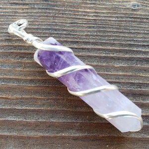 AMETHYST Spiral Wire Wrapped Pencil Point Pendant Gemstone