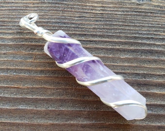 AMETHYST Spiral Wire Wrapped Pencil Point Pendant Gemstone