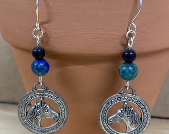 HORSE Azurite and Onyx EARRINGS with  Gemstone Onyx and Azurite Handmade Gemstone  Earrings