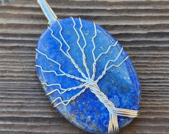 LAPIS LAZULI OVAL Tree Of Life Wire Wrapped Pendant Gemstone