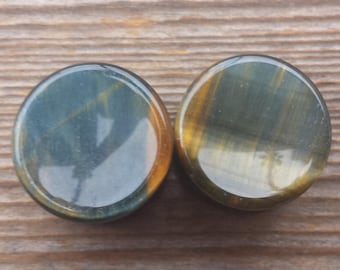 Pair of Real CONCAVE BLUE TIGER Eye  Plugs Gauges Body Jewelry Double Flared - Pick Size