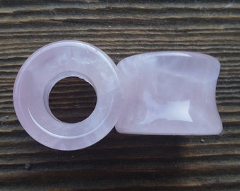 Pair of Real ROSE QUARTZ TUNNEL Plugs Gauges Body Jewelry Double Flared - Pick Size