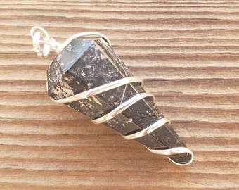 BLACK TOURMALINE Spiral Wire Wrapped Faceted (Pendulum Style) Pendant Gemstone