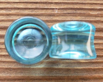 Pair of Real CONCAVE AQUA GLASS  Plugs Gauges Body Jewelry Double Flared - Pick Size