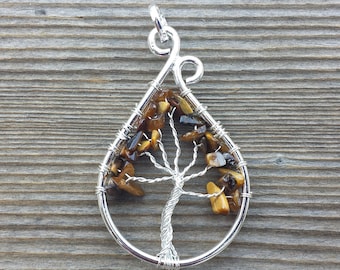 Drop/Peacock Style TIGER EYE Tree Of Life Wire Wrapped Pendant Stone Natural Gemstone