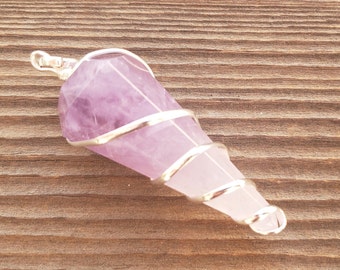 AMETHYST Spiral Wire Wrapped Faceted (Pendulum Style) Pendant Gemstone