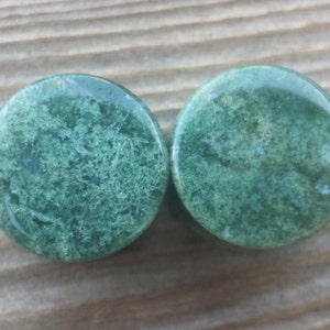 May include: Two round, green stone plugs with a moss-like pattern. The plugs have a polished, glossy finish and are set against a wooden background. These plugs are likely for ear piercings.