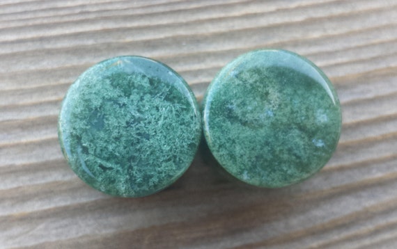 Pair of Real MOSS AGATE Flat Plugs Gauges Body Jewelry Double Flared - Pick Size