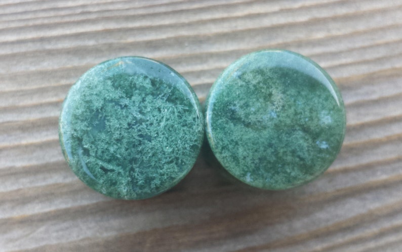 May include: Two round, green stone plugs with a moss-like pattern. The plugs have a polished, glossy finish and are set against a wooden background. These plugs are likely for ear piercings.