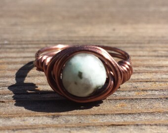 WIRE WRAPPED RING Kiwi Stone (Lotus Jasper)  in Antiqued Copper Handmade