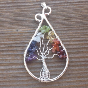 Drop/Peacock Style 7 CHAKRA Tree Of Life Wire Wrapped Pendant Stone Natural Gemstone