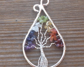 Drop/Peacock Style 7 CHAKRA Tree Of Life Wire Wrapped Pendant Stone Natural Gemstone