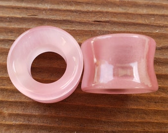 Pair of PINK CATS EYE Tunnel Plugs Gauges Body Jewelry Double Flared - Pick Size