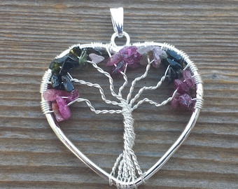 Heart Style MULTI TOURMALINE Tree Of Life Wire Wrapped Pendant Stone Natural Gemstone