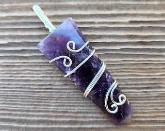 AMETHYST FLAT PENCIL Fancy Wire Wrapped Pendant Gemstone