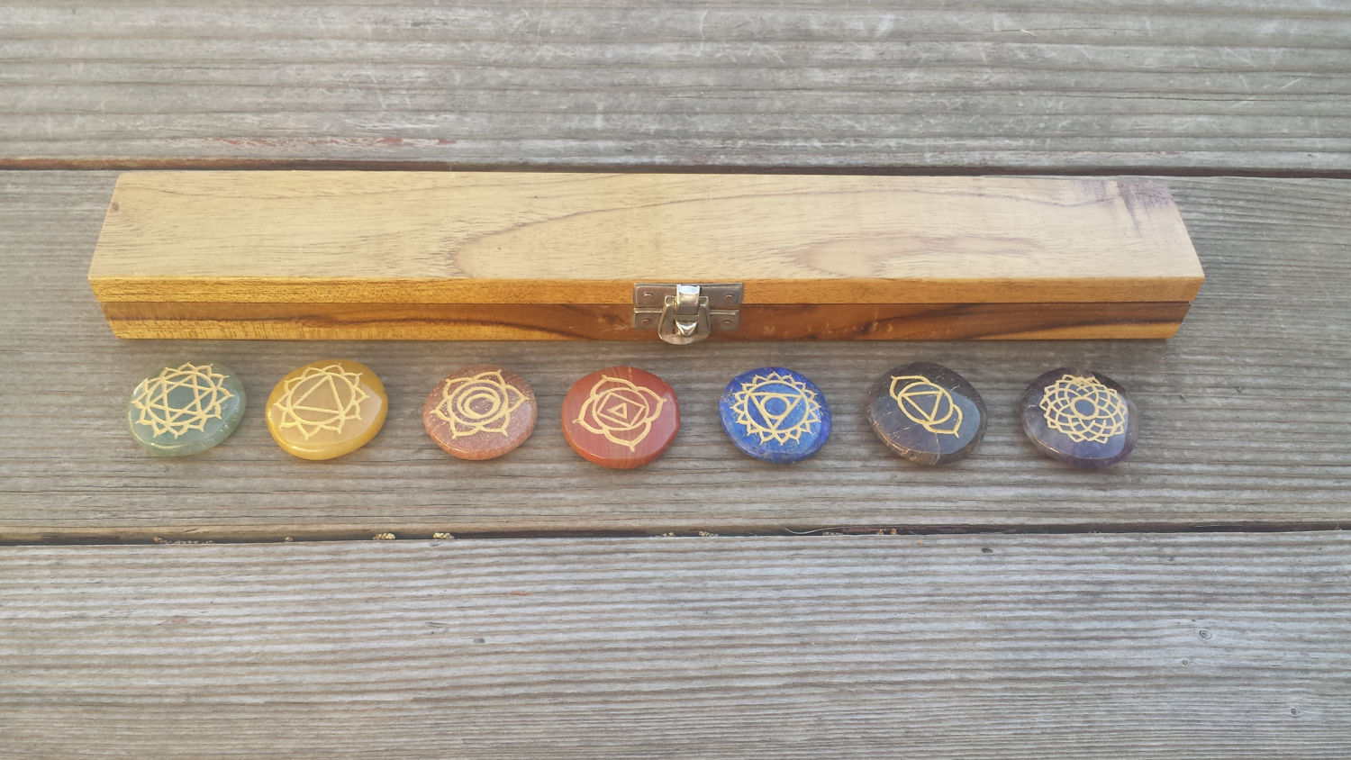 7 CHAKRA Gemstone Engraved Disk Set With Box