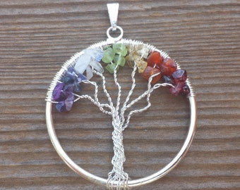 7 CHAKRA Tree Of Life Wire Wrapped Pendant Stone Natural Gemstone