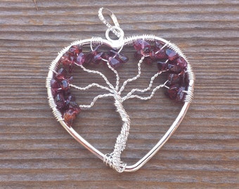 Heart Style GARNET Tree Of Life Wire Wrapped Pendant Stone Natural Gemstone