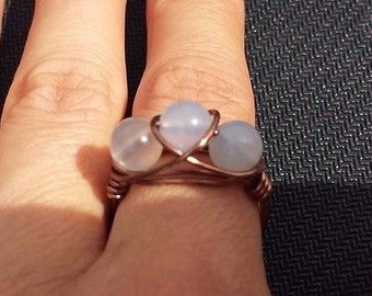 WIRE WRAPPED RING Chalcedony in Antiqued Copper Handmade