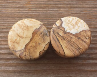 Pair of Real PICTURE JASPER Flat Plugs Gauges Body Jewelry Double Flared - Pick Size