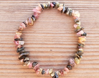 MULTI-TOURMALINE Natural Stone Gemstone Stretchy Chip Bracelet