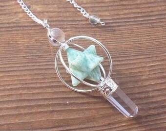 Natural AMAZONITE Gemstone 3 Stone Merkaba Spinning Star Faceted Pendulum
