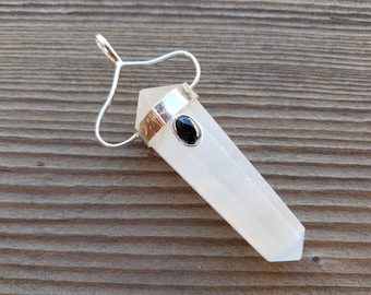Natural SELENITE And BLACK TOURMALINE Crystal D - Point Pendant Gemstone