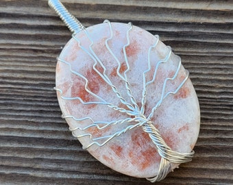 SUNSTONE OVAL Tree Of Life Wire Wrapped Pendant Gemstone
