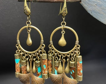 Earrings ginkgo leaf and its turquoise and bronzite pearls