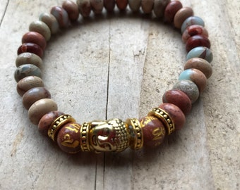 Bracelet tibétain de méditation perle en serpentine,tête de bouddha