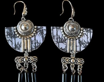 Japanese pattern earrings, black obsidian pearl, stainless steel hook