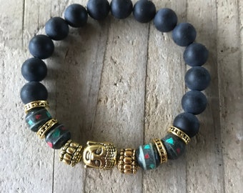 Tibetan meditation bracelet beaded agate and yak bones