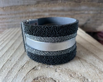 Vintage black leather cuff bracelet with magnetic clasp
