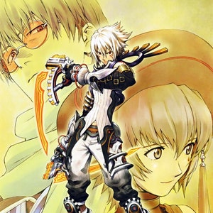 May include: A white-haired anime character with a sword and gun, standing in front of two other characters with blonde hair. The background is a yellow and orange gradient.