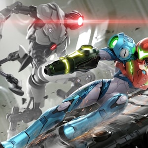 May include: A blue and red robotic figure with a green gun, fighting a white robotic figure with red eyes.