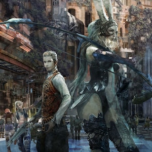 Puede incluir: Un grupo de personas en un entorno de ciudad futurista. Dos figuras destacan en primer plano, una con una pistola y la otra con un arco y flecha. La ciudad es una mezcla de hormigón y metal, con una gran estructura en el fondo.