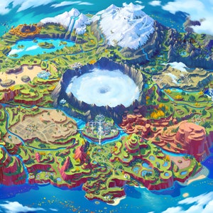 May include: A colorful, illustrated map of a fantasy island with diverse terrains, including mountains, forests, and a large central crater. The map is surrounded by a blue ocean and a cloudy sky.