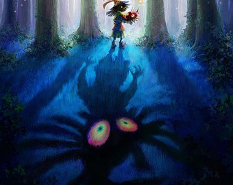 May include: A blue and purple creature with glowing eyes is lurking in the shadows of a forest. A small figure with a mask and a hat is standing in the light, holding a glowing orb.