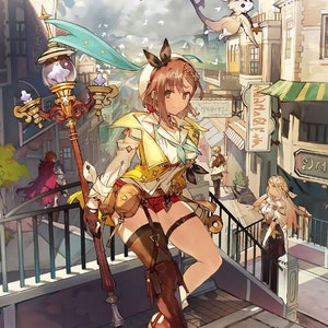 May include: An anime-style illustration of a young woman in a yellow and white outfit, holding a staff with a purple orb. She stands on a bridge overlooking a town with buildings and a flying creature. The artwork has a fantasy theme.
