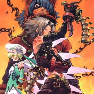 May include: Three anime characters, two female and one male, are depicted in a colorful illustration. The male character is wearing a red and brown hat with a yellow letter W on it. The female character in the foreground is wearing a black and red outfit with a gold belt and a long, silver weapon. The female character in the background is wearing a green and white outfit with a white hat. The background is a bright orange color.