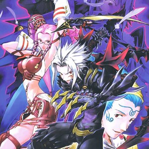 May include: A group of five anime characters with different hairstyles and clothing. The characters are in a dark purple and blue background with white feathers. The characters are all looking at the viewer.