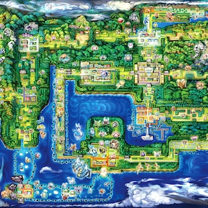 May include: A colorful map of a fantasy world, featuring a detailed landscape with forests, water bodies, and various structures. The map is filled with cartoon characters and creatures, with a blue and white cloudy border.