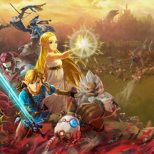 May include: Digital artwork featuring characters from a fantasy video game. A blonde woman in a white dress and a blue-clad man are central, surrounded by other figures with weapons. A castle and battle scene are in the background, with a fiery red foreground.