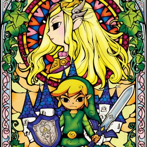 May include: A stained glass window design featuring Link and Zelda from the Legend of Zelda video game series. Link is standing in front of a castle with a sword and shield. Zelda is in the upper portion of the window with a crown and long blonde hair.