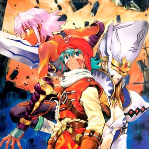 May include: Three anime characters stand in front of a futuristic cityscape. The character on the left is wearing a red and purple outfit with a pink wig. The character in the center is wearing a red and white outfit with a red hat and blue hair. The character on the right is wearing a white and blue outfit with a crown and a white cape.